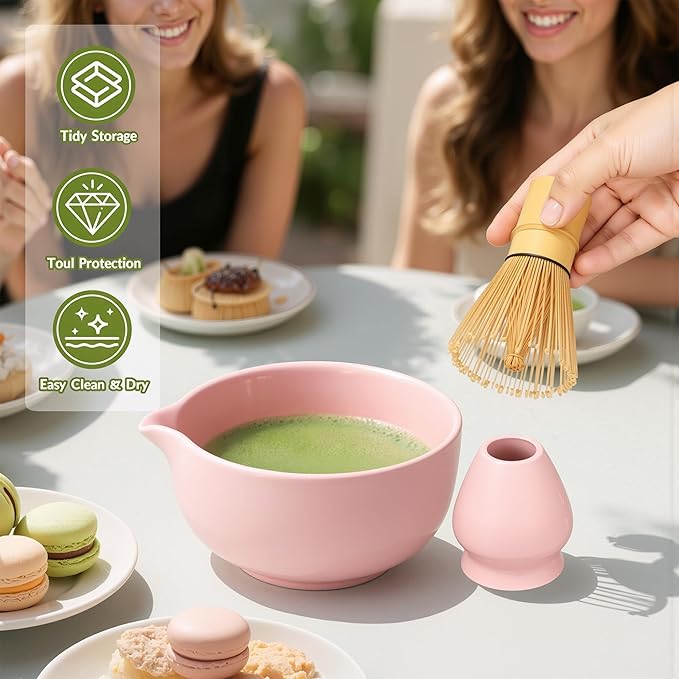 Pink Matcha Whisk Set 5pcs Matcha Set With A Bowl, Mini Whisk And Holder, Bamboo Scoop And Stainless Steel Sifter Perfect Matcha Kit For Gifts