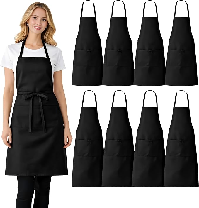 8 Pack Aprons Bulk with Pockets, Unisex Apron with Extra Long Ties for Chef, Cooking Classes, Painting, BBQ by NYMMOATA