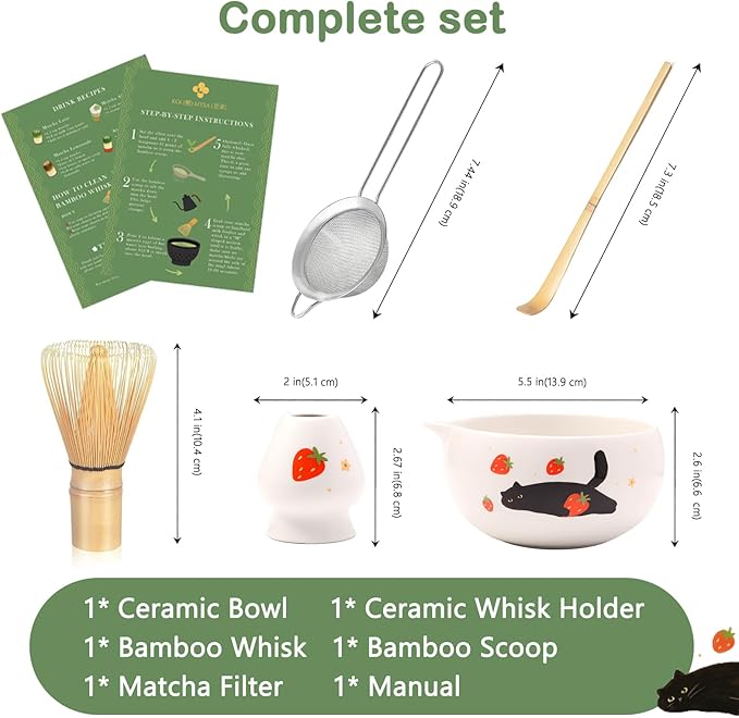 Cute Matcha Whisk Set with Cat and Strawberry Pattern Matt Matcha Bowl, 5PCS Traditional Bamboo Whisk Kit, Chasen and Chashaku, White