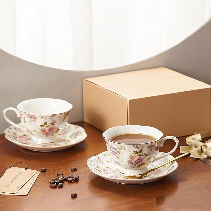8 oz Vintage flower Ceramic cup and 6" saucer set with Brand customized stainless steel spoon Gifts for Afternoon Tea Coffee Hour (H)