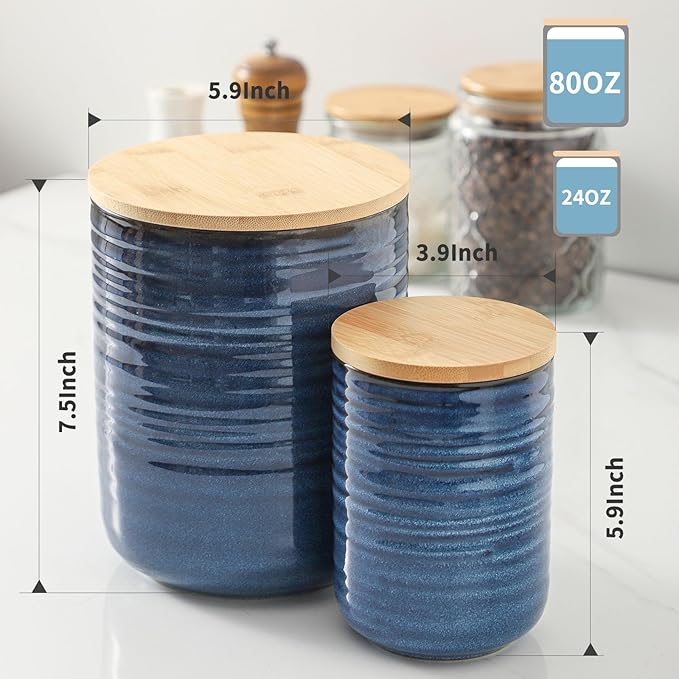 HASENSE Ceramic Food Storage Jars with Bamboo Lids – 80oz + 24oz Kitchen Canister Set – 7.5" & 5.9" Airtight Containers for Coffee, Tea, Sugar, Flour – Pantry Organization Jar Set of 2（Blue）
