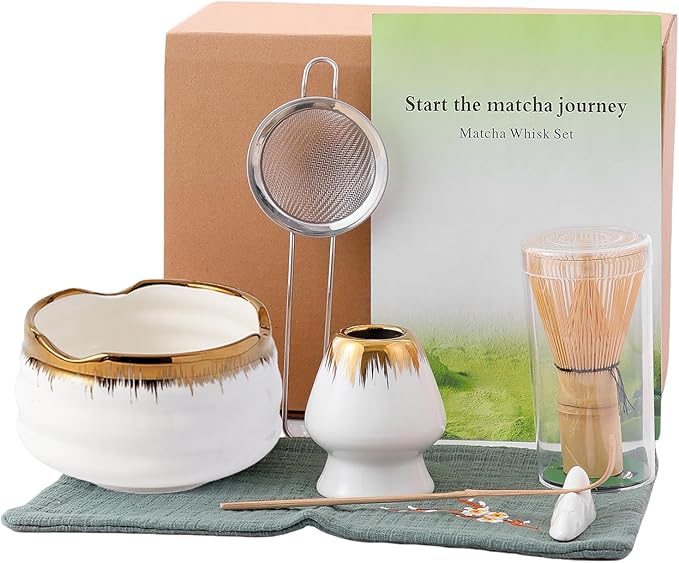 Matcha Whisk Set: Includes Bamboo Whisk, Matcha Bowl, Cute Stand, Bamboo Scoop, Scoop Rest, Sifter and Tea Towel — 7-Piece Matcha Kit with Golden Texture Details, a Favorite for Matcha Lovers (White)