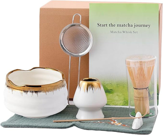 Matcha Whisk Set: Includes Bamboo Whisk, Matcha Bowl, Cute Stand, Bamboo Scoop, Scoop Rest, Sifter and Tea Towel — 7-Piece Matcha Kit with Golden Texture Details, a Favorite for Matcha Lovers (White)