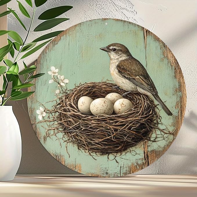1pc Vintage Bird and Egg in Nest Round Aluminum Sign, 8x8 Inch Farmhouse Wall Decor with Pre-Drilled Holes, Durable Garden Yard Art for Home,Halloween & Christmas Gifts, Outside Decor by Unknown