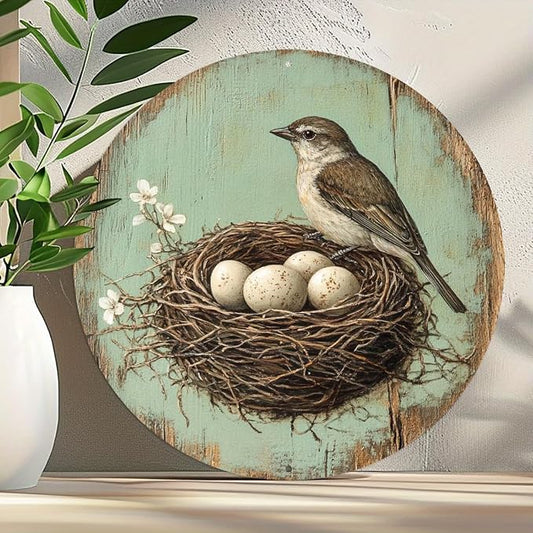 1pc Vintage Bird and Egg in Nest Round Aluminum Sign, 8x8 Inch Farmhouse Wall Decor with Pre-Drilled Holes, Durable Garden Yard Art for Home,Halloween & Christmas Gifts, Outside Decor by Unknown