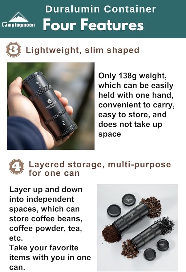 CAMPINGMOON 2-Layer Portable Coffee Bean Storage Canister Airtight Duralumin Coffee Travel Container Camping Lightweight Slim Mini Tea Caddy CNC Machined Metal Spice Jar Black M 27g 54g CC-51-BK