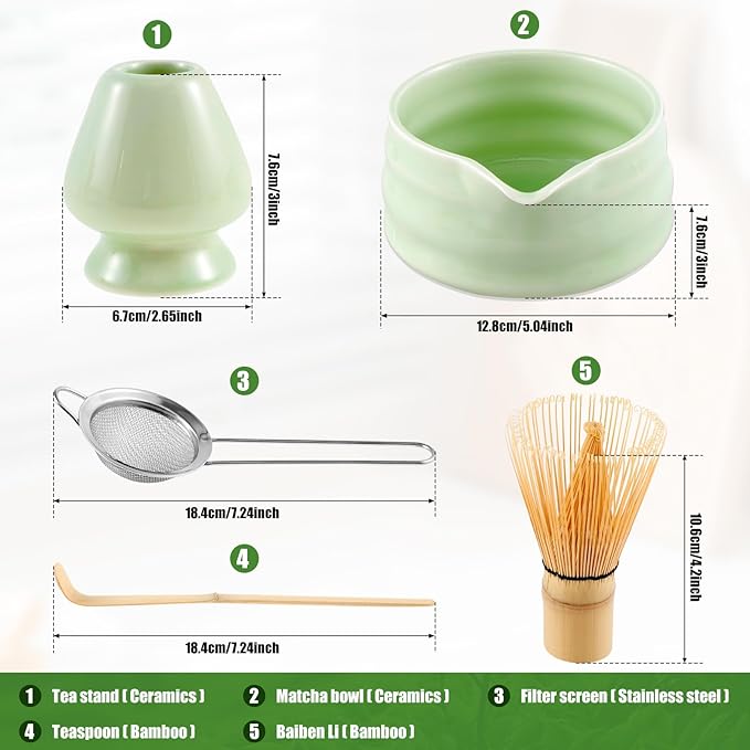 Matcha Whisk Set, 5 Pcs Matcha Set Whisk and Bowl with Spout, Matcha Whisk Holder, Matcha Spoon, Stainless Sifter, Perfect Matcha Kit for Matcha Lover (Green)