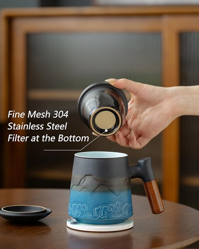 ZENS Tea Cup with Infuser and Lid for Loose Leaf Tea Steeper, 15.2 oz Ceramic Tea Mug with Fine Tea Strainers and Absorb Coaster, Wood Handle Large Diffusers Mugs Tea Lovers Gifts