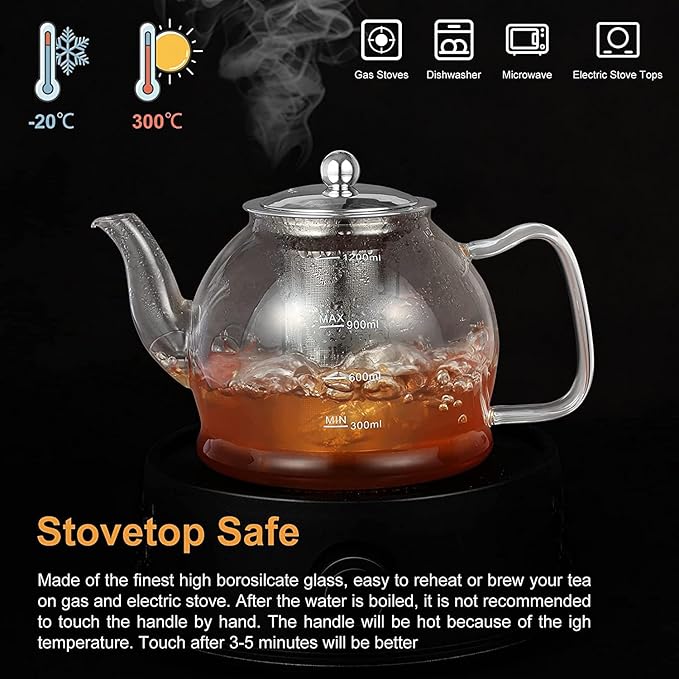 Tea Pot Set – 1200ml Glass Teapot with Removable Stainless Steel Infuser, and 4 Glass Teacups, Stovetop Safe Tea Kettle Gift Set, Blooming and Loose Leaf Tea Maker Set
