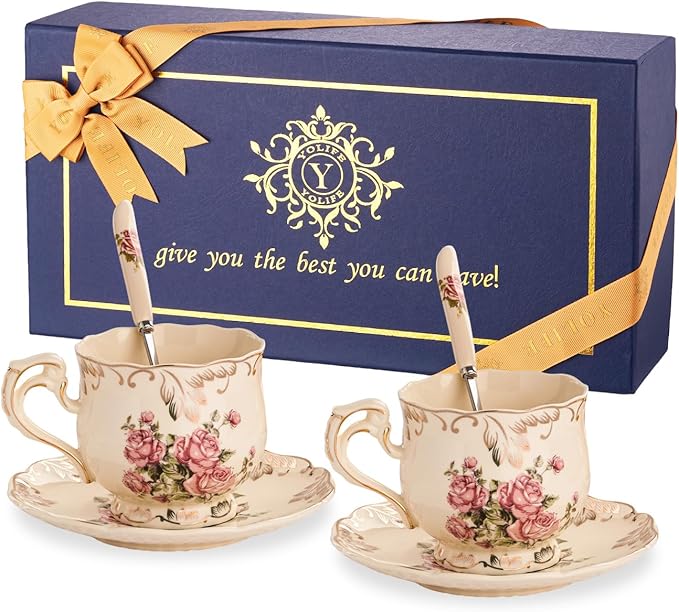 YOLIFE Tea Cups and Saucers Set of 2, Vintage Ceramic Tea Cups Set Floral and Gold Leaves Trim Design - 8 oz (Pink Rose with Gift Box(no stand))