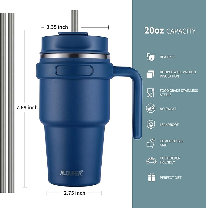 ALOUFEA 20 oz Insulated Coffee Mug Tumbler with Handle, Stainless Steel Travel Mug Tumbler with Lid and Straw,Double Wall Vacuum Leak Proof Ice Coffee Thermal Cup, Navy