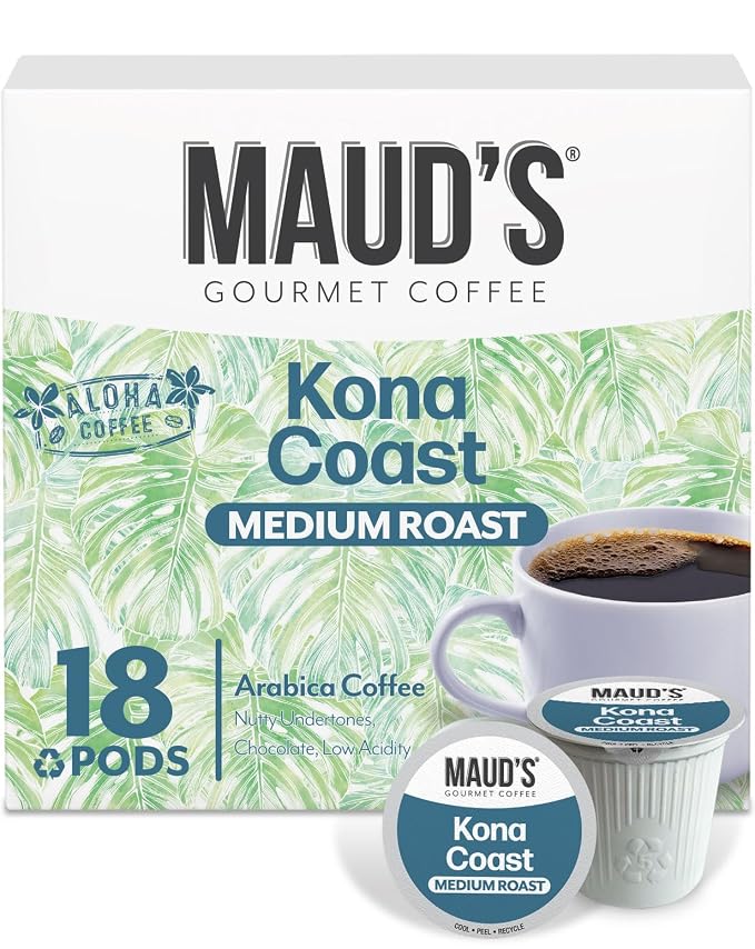 Maud's Kona Coffee Pods, 18 ct, Medium Roast Coffee in Single Serve Pods – 100% Arabica Coffee, Compatible with Keurig K Cups Maker by MAUDSCOFFEETEA