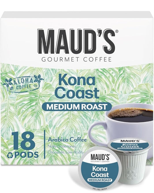 Maud's Kona Coffee Pods, 18 ct, Medium Roast Coffee in Single Serve Pods – 100% Arabica Coffee, Compatible with Keurig K Cups Maker by MAUDSCOFFEETEA