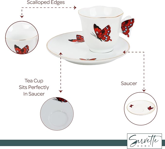 Servette Home Cup and Saucer Set - Mini Coffee Mug with Plate Tea Set - Ceramic Butterfly Design
