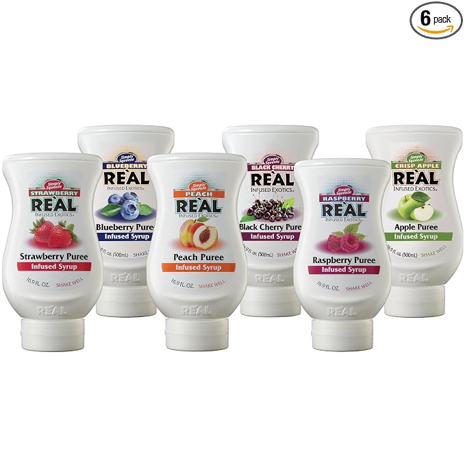 Reàl Fruit Infused Flavoring Syrup Variety - Strawberry, Raspberry, Peach, Blueberry, Black Cherry, Crisp Apple (Pack of 6, 16.9 FL OZ Bottles) by Re%C3%A0lInfusedExotics