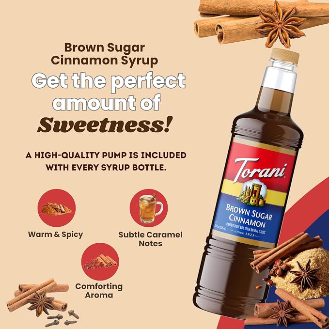 Torani Brown Sugar Cinnamon Syrup 1 Liter Bottle with Pump – Premium Coffee Flavoring Made with Pure Cane Sugar & Natural Flavors for Lattes, Oatmeal, Cocktails & Desserts – Café-Quality Sweetener - Image 6