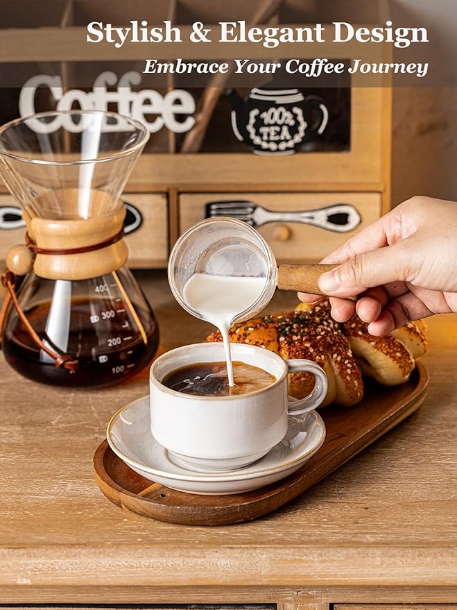 Gomakren 6 Ounce Cappuccino Cups with Saucers and Metal Stand, Stackable Coffee Cup Set of 4, Valentine Porcelain Espresso Cups for Coffee Drinks, Cappuccino, Latte, Americano, Tea, White