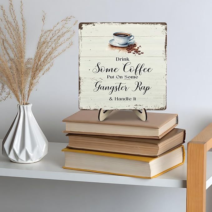 Coffee Bar Sign Plaque for Coffee Station,Vintage Cafe Sign Decor for Kitchen,Cafe Bar Accessories for Farmhouse Kitchen Office(Beige, 5.9x5.9inches)