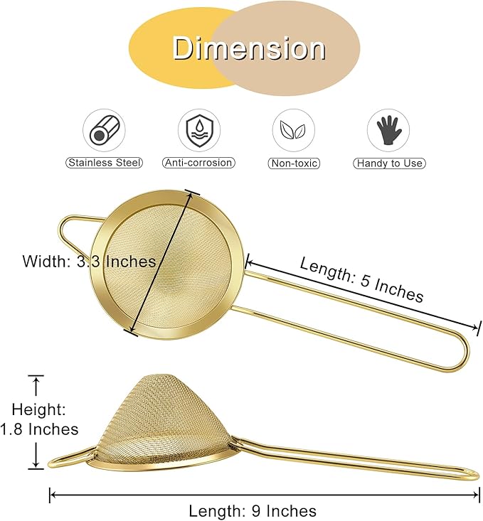 Fine Mesh Strainer Set of 2, E-far 3.3 Inches Stainless Steel Tea Strainer with Long Handle, Small Conical Mesh Strainers Sieve for Cocktail Coffee Food, Rust Proof & Easy to Clean(Gold)