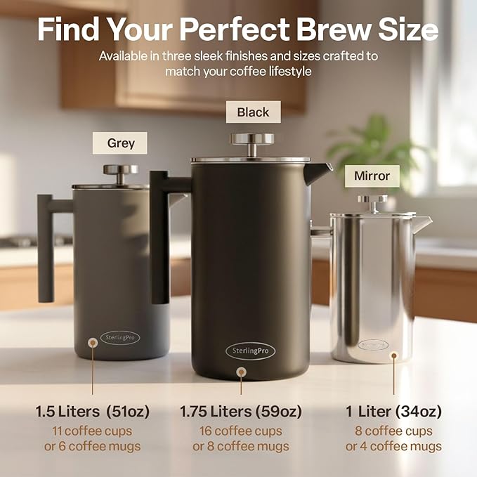 Stainless Steel French Press Coffee Maker 1.75 L (59 oz) Mirror – Double Walled Insulated Extra Large French Press, Durable Design Keeps Drinks Hot, Easy to Use and Clean for Rich Flavor