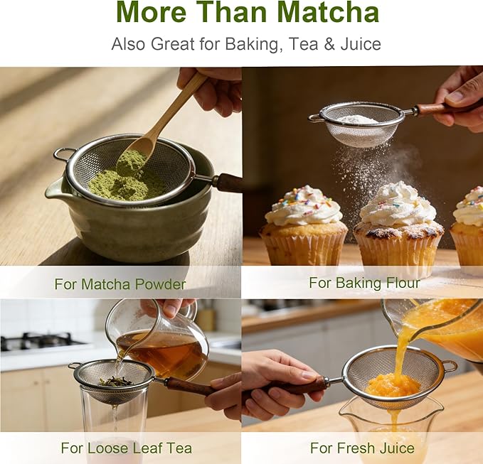 Matcha Sifter - Precision 30-Mesh Stainless Steel Fine Powder Strainer, 3-Inch Small Metal Sieve for Tea Ceremony & Cocoa, Hand Wash Recommended(Natural Wood Handle)