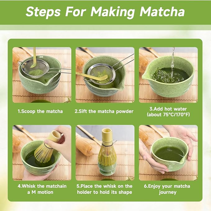 6 Pcs Matcha Whisk Set, Matcha Set Includes Matcha Bowl with Spout, Whisk, Holder, Sifter, Bamboo Scoop and Scoop Rest, Ceramic Matcha Kit for Matcha Lovers