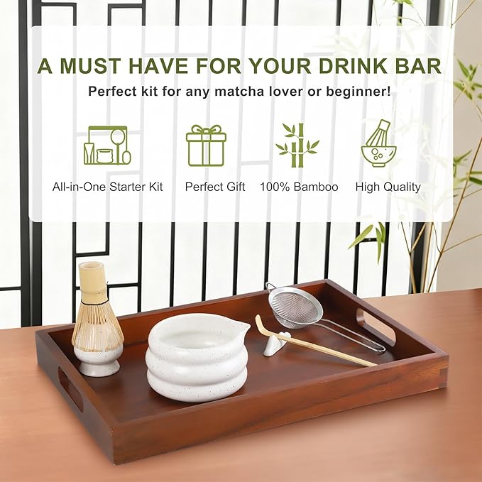 Mottled White Matcha Whisk Set, Ceramic Matcha Kit Set Gift Present Includes Matcha Bowl, Matcha Whisk and Holder, Bamboo Scoop, Scoop Rest, Sifter and Tea Towel - 7 Pcs Kit for Matcha Lovers