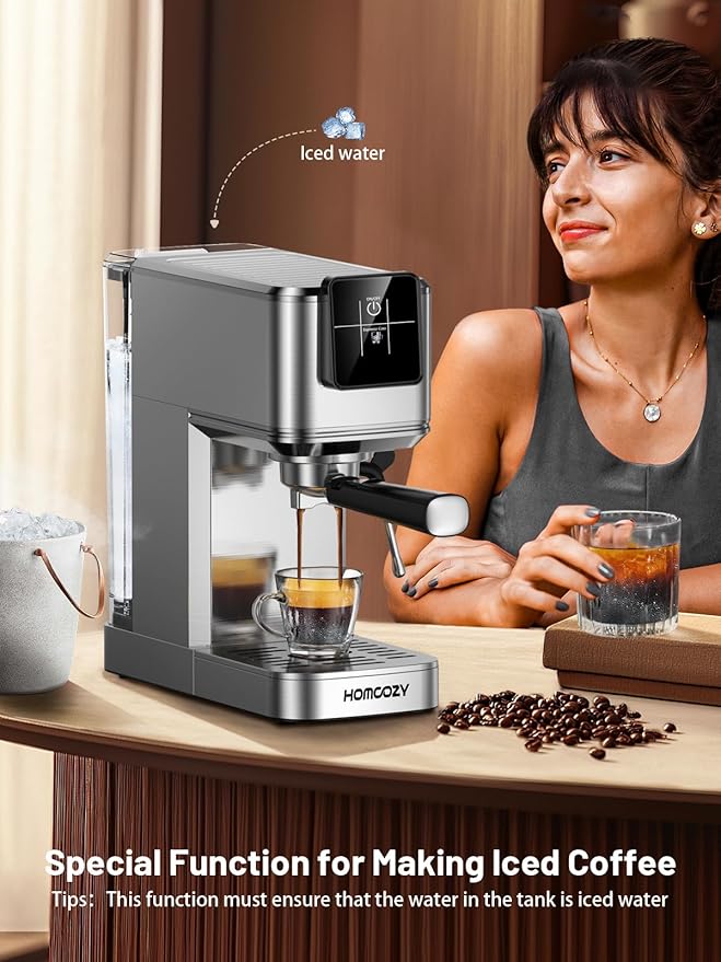 20 Bar Espresso Coffee Machine with Rapid Cold Brew Technology, Milk Frother, Touch Screen Control, Compact Water Tank, Ideal for Lattes, Cappuccinos, Americano, Home & Office Use, Stainless Steel