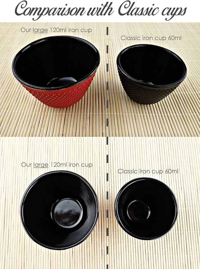 4pc Japanese Tea Cups Set. Red and Gold Cast Iron Tea Cup Set, 2 Tea Cups and Saucers. 4oz Teacup Set For Any Japanese Tea Set or Teapot.