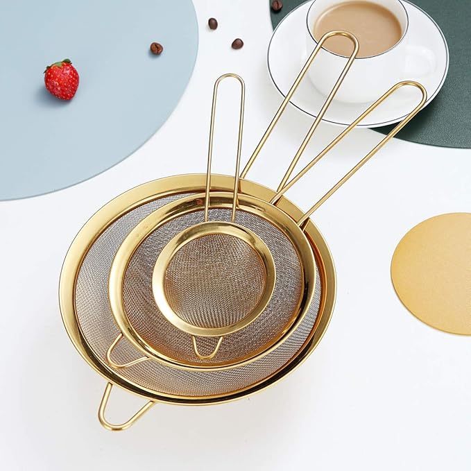 Kyraton Gold Fine Mesh Strainer 3 Pieces Set, Golden Flour Sifter For Baking, Stainless Steel Clander, Matcha Tea Strainer, Gravy Separator, Stasher Sieve Pasta Strainers