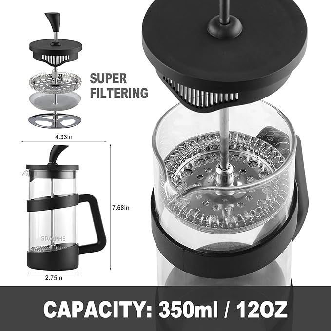 Sivaphe Small French Press 12oz Light-weight Durable High Borosilicate Carafe/Tea Maker Single Serve Coffee Press Frothed Brewer