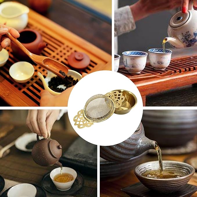 4 Pack Tea Strainers with Drip Bowls, Stainless Steel Tea Strainer Bowl Loose Leaf Tea Filter for 2.5-4 Inch Cup Mouth (Gold)
