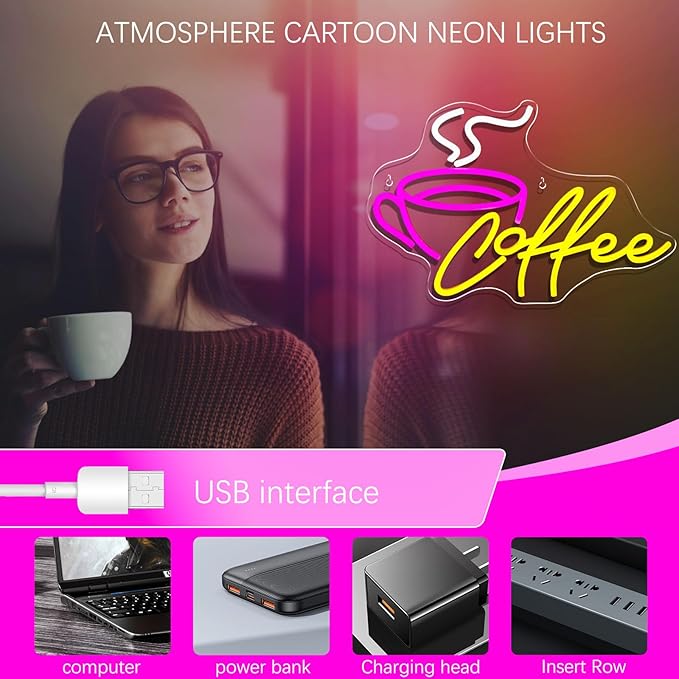 Coffee Bar Neon Sign for Wall Decor LED Cafe Light up Sign for Cafe Coffee Station Bar Shop Business Kitchen Art Decor Party Decorations Gifts USB Powered