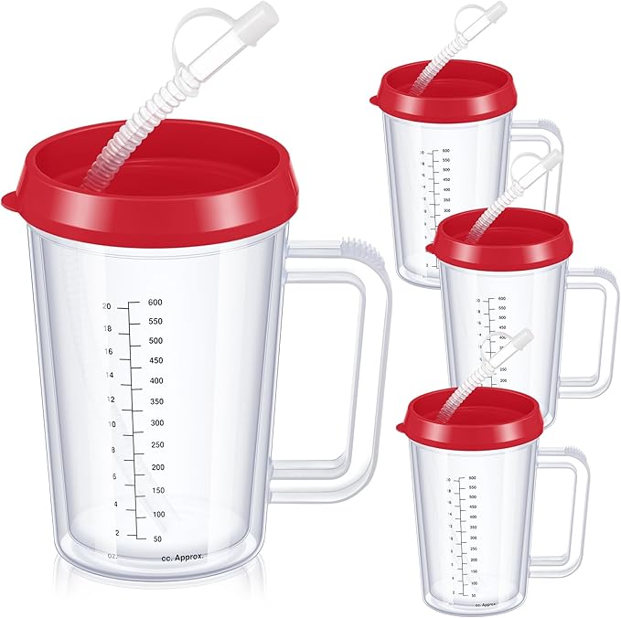 4 Pcs 20 oz Hospital Water Cup with Straw and Lid Insulated Double Walled Elderly Water Bottle Hospital Carafe Mug with Handle Graduated Plastic Drinking Sippy Cup for Adult(Red)