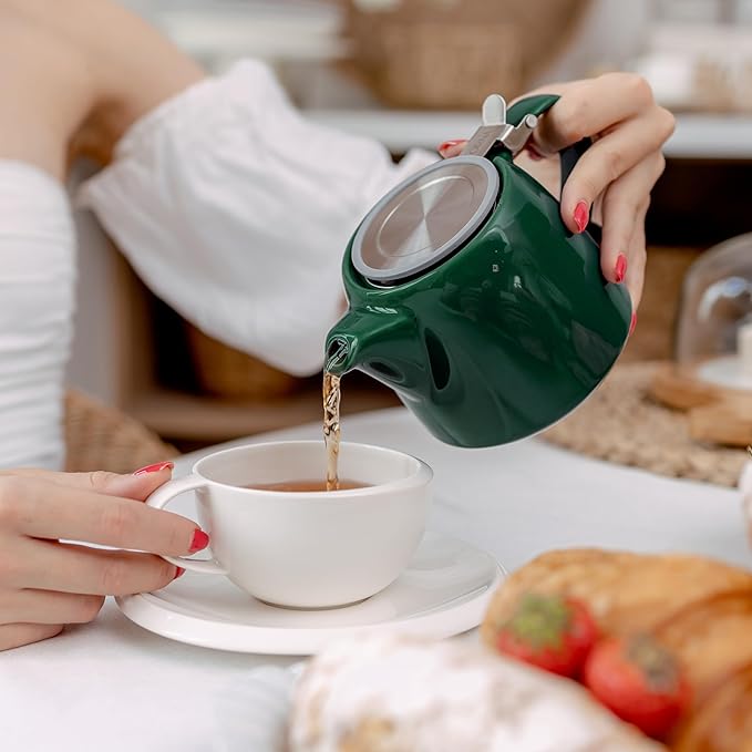 ORNA Ceramic Teapot with Tea Infuser – Small Tea Pot for Loose Leaf Tea – 550ml / 18.6 Oz Porcelain Teapot for 2 Cups with Tea Strainer (Forest Green)