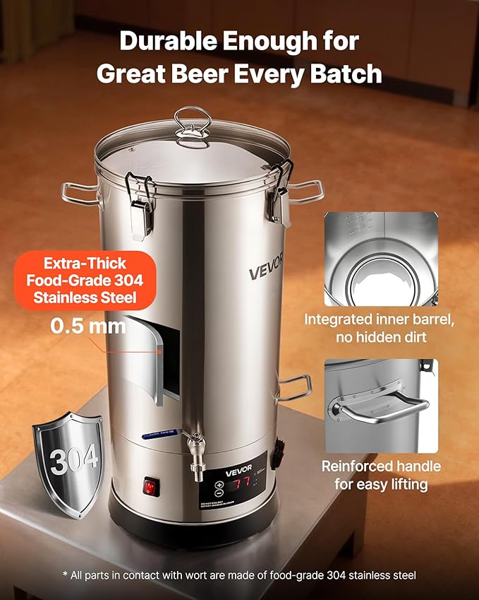 VEVOR Beer Brewing Equipment, 8 Gal/30L 304 Stainless Steel Home Beer Brewer,1500W All-in-One Home Brewing Kit with Tall strainer, Integrated Inner Barrel & Reinforced Handle