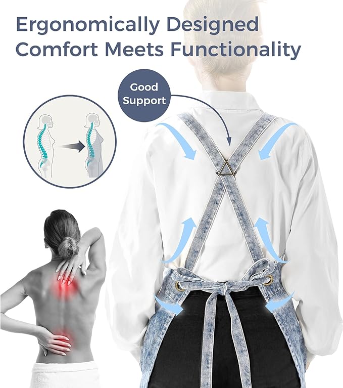 Denim Apron with Pockets for Hair Stylist Gardening Craftsmen Barista Women Hairdresser Jean Work Apron Cross Straps