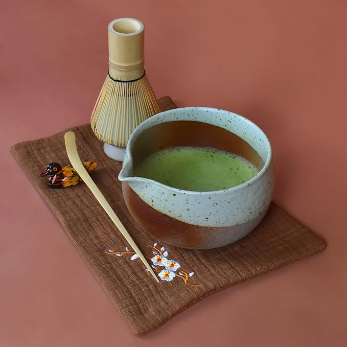 Artcome Matcha Tool Set– Bowl with Pouring Spout, Whisk, Whisk Holder, Tea Scoop, Matcha Strainer, Tea Spoop, Tea Scoop Holder, Tea Cloth – Traditional & Refined