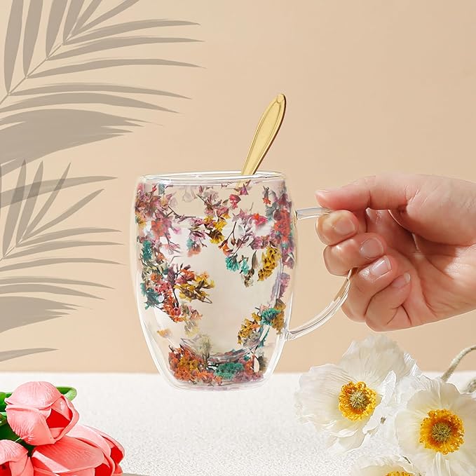 Gifts for Women Dried Flowers Double Wall Glass Coffee Mugs Cute Glass Tea Cups with Handles Autumn Mug Christmas Birthday Gifts for Best Friend Teacher Mum Gift New Home Gift Ideas Home Decor