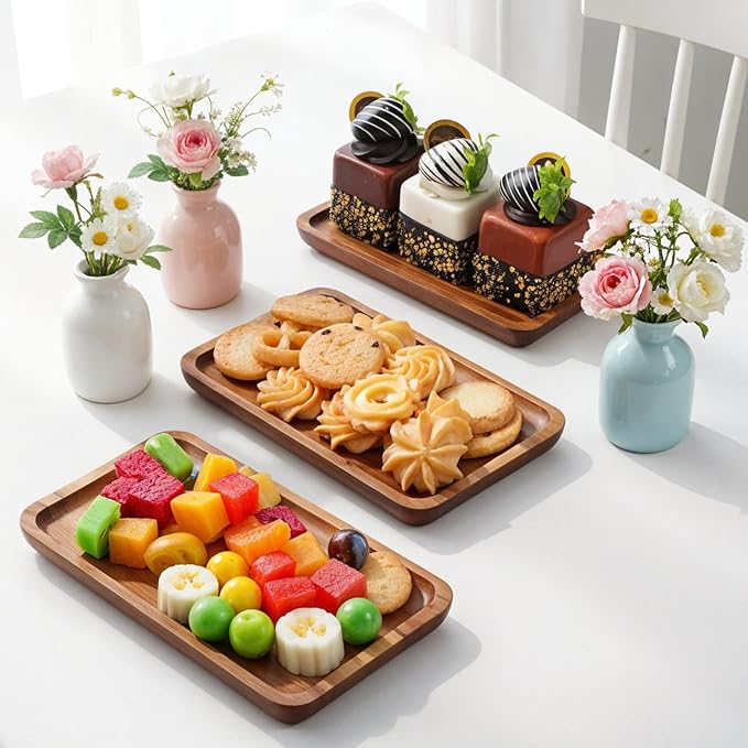 Small Wood Tray, Rectangle Wooden Trays for Decor, 7.28x4.13in Acacia Wood Tray for Home Decor, Bathroom, Kitchen Counter Charcuterie Boards Cheese Board