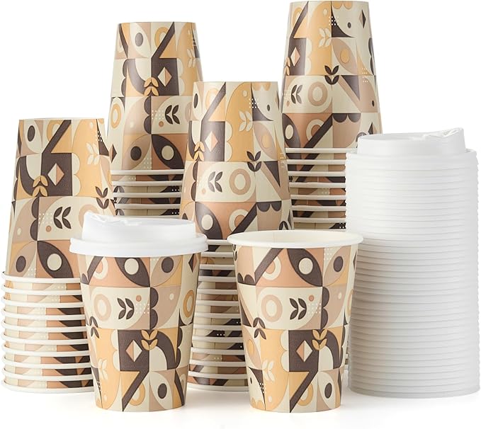 Tamone 100 Pack 12 oz Paper Coffee Cups, Disposable Coffee Cups with Lids, Paper Cups for Cold/Hot Drinking Coffee, Water, Juice or Tea, Suitable for Home, Restaurant, Store and Cafe