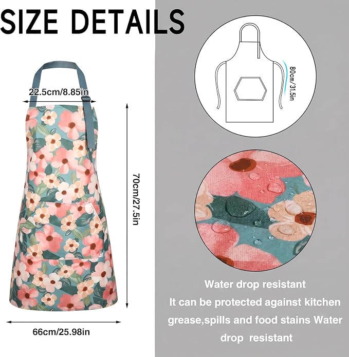 BOUMUSOE 3 Pack Floral Aprons with Pocket, Blooming Womens Aprons | Waterproof Adjustable Cooking Aprons for Kitchen Gardening and Salon - Image 3