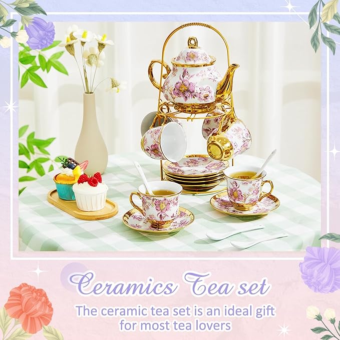 Zhehao 20 Pcs Porcelain Tea Set with Metal Holder and Spoon Adult Ceramic Tea Set European Flower Painting Teapot Cup Saucer Spoon for Women, Large Version(Purple Style)