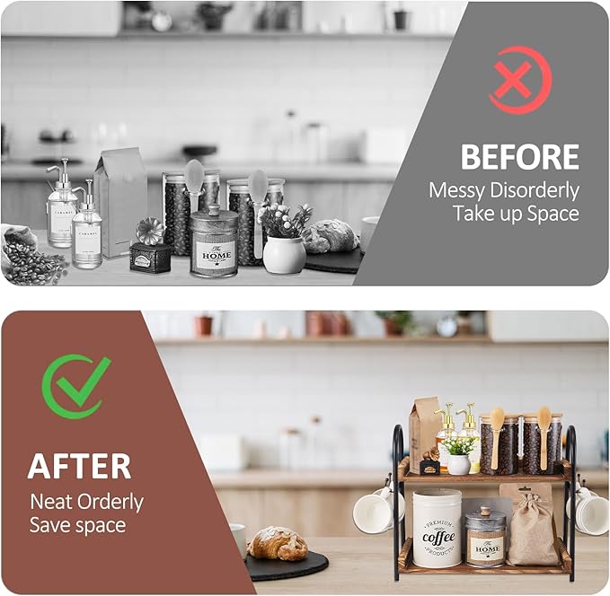 BDBDYEAY Coffee Bar Accessories, 2-Tier Coffee Bar Organizer with 4 Coffee Cup Holder Hooks, Mul-tifunctional Wooden Beaded Coffee Station Countertop Stand Shelf for Kitchen Home Office