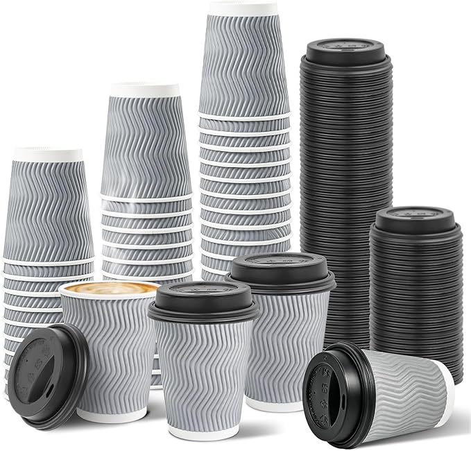 Ginkgo 100 Pack 8 oz Disposable Insulated Coffee Cups With Lids, Double-Walled Ripple To Go Paper Travel Cups for Hot Drinks - Gray