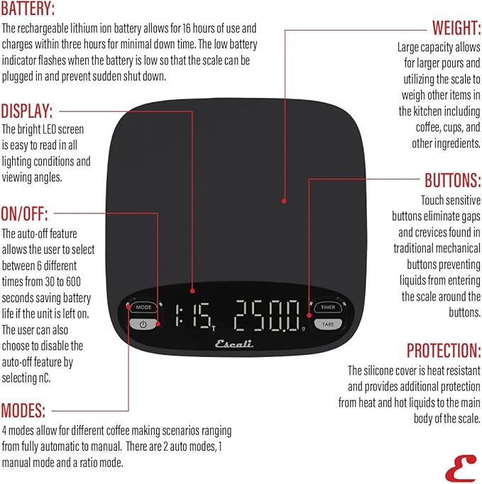 Escali Versi Coffee Scale with Timer, Weigh up to 6.6 lbs / 3,000 Grams, Rechargeable - Black, Standard