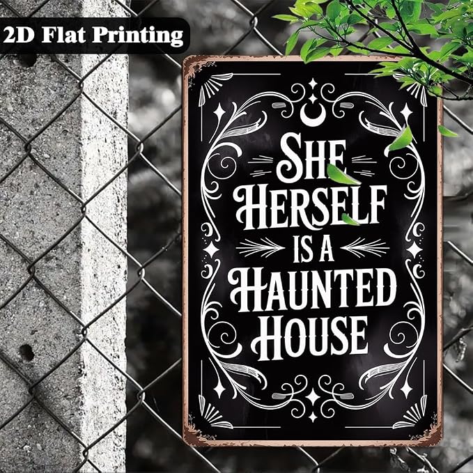 Vintage Halloween Metal Sign - She Herself Is A Haunted House Tin Sign 8x12 Inch, Gothic Halloween Art Sign For Porch, Pubs, Cafe, Garage Decor, Halloween Party Accessories, Halloween Decor - Image 4