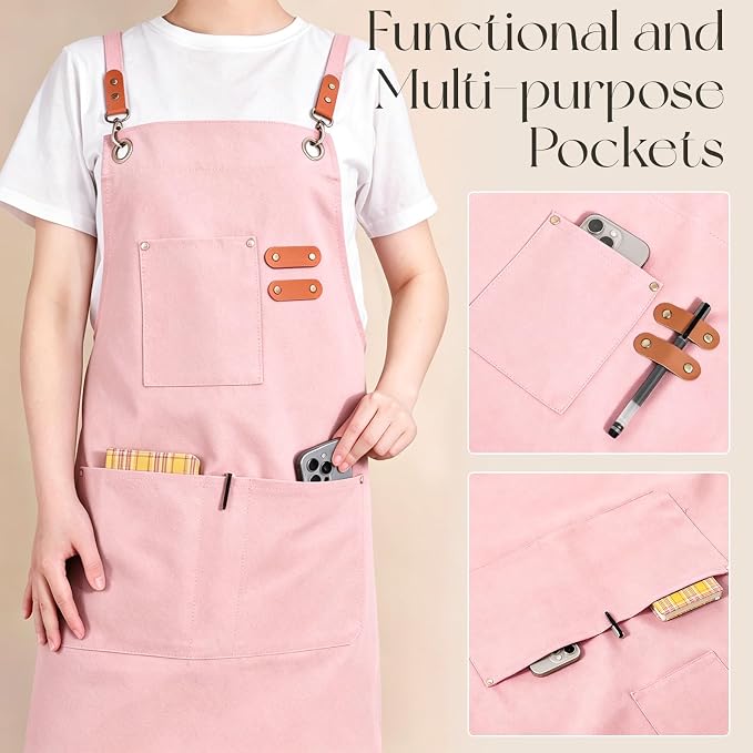 Chef Aprons for Men Women with Large Pockets, Cotton Canvas Water Repellent Kitchen Apron for Cooking - Image 3