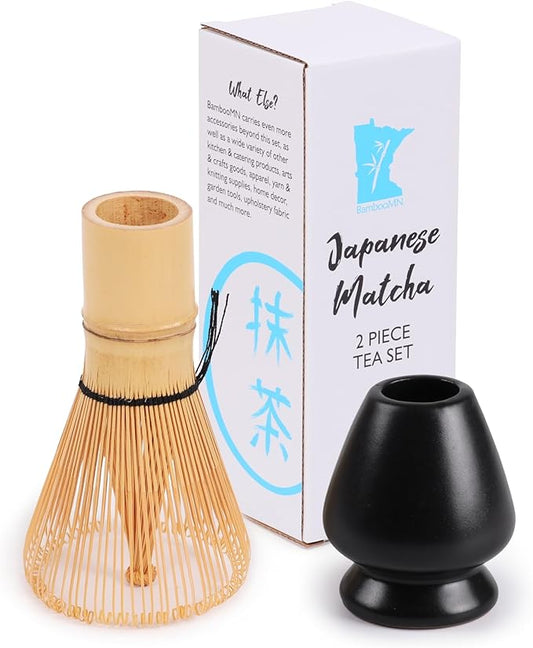 Matcha Tea Bamboo Whisk And Ceramic Rest 2 Piece Set - Black Holder - 1 Set