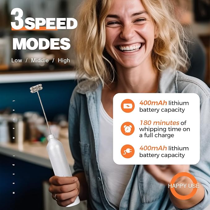 Milk Frother Type-C Rechargeable Handheld Electric Whisk Coffee Frother 3 Speed Adjustable Foam Maker Blender for Coffee Matcha Latte Cappuccino Hot Chocolate Kitchen Gifts(White)